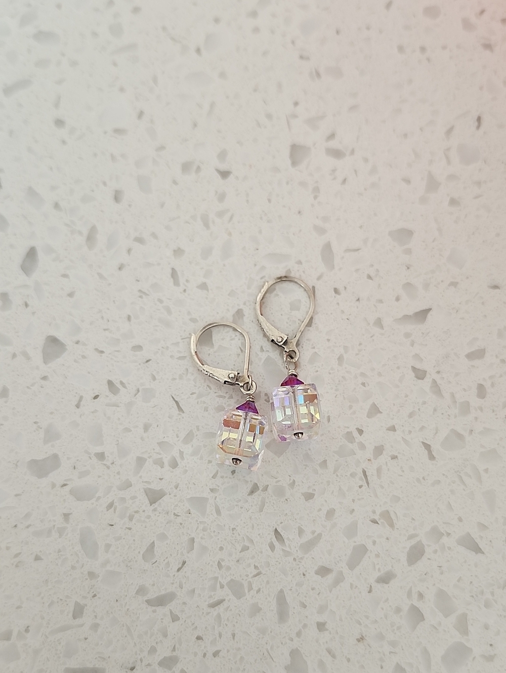 Aurora Crystal Cube Drop Earrings - Iridescent Pink Accent